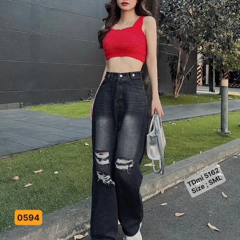 Quần jean ống suông rộng nữ cạp cao,ống rộng lưng cao,dày đẹp 2