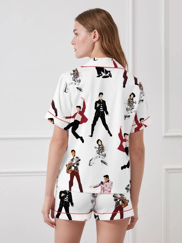 Women's All Over Print Short Sleeve Satin Pajama Two-piece Set, Elegant Casual Comfy Button Front Lapel Neck Top & Elastic Waist Shorts PJ Set, Ladies Sleepwear for Summer 1