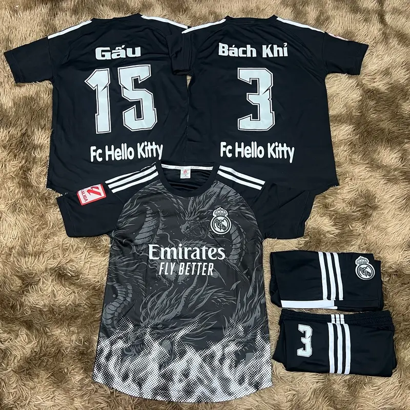 Bộ Quần Áo Bóng Đá Real Đen Khói Vải Mè Kim New 2024 Nhận In Tên Số Top Sport Thun Nam Trang Phục thể thao cao cấp 0