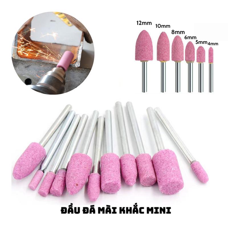 Bộ đầu đá mài, mũi đá mài hồng mini cán 3mm size 4mm đến 12mm cho máy khoan, máy mài khuôn