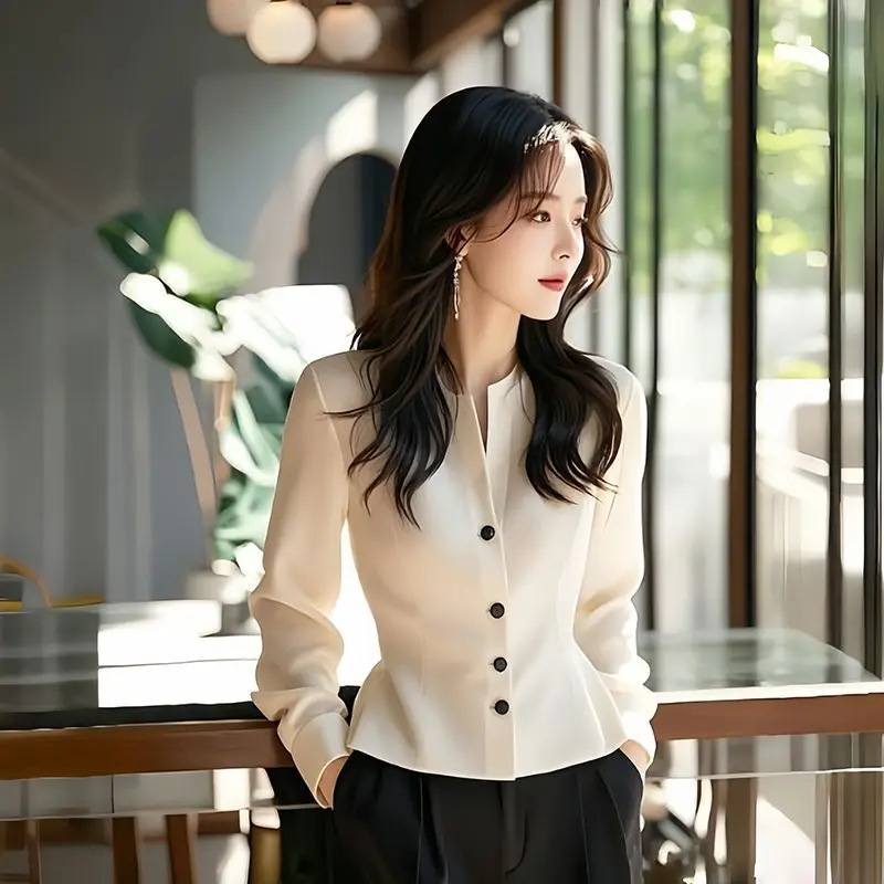 Áo Sơ Mi Dài Tay Cạp Thun Màu Trắng, Phong Cách Ngầu Áo Hàn Quốc Sang Trọng Độc Đáo Quần Áo Nữ Mới Đầu Thu, Năm 2024