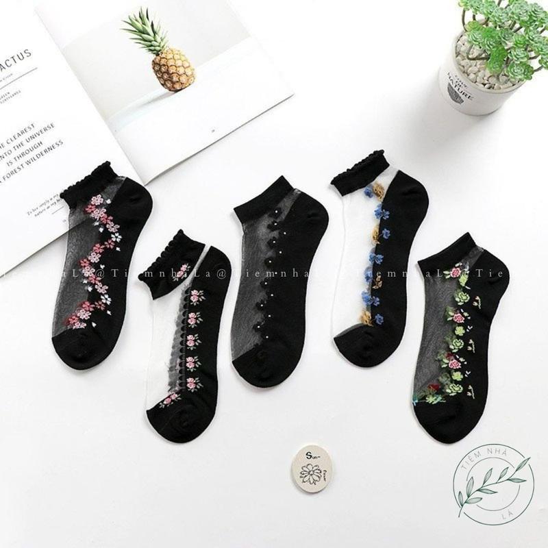 SET 5 Đôi Tất Lưới Trong Suốt Thoáng Khí In Họa Tiết Hoa Phong Cách Thời Trang Cho Nữ