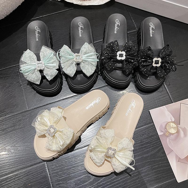 2023 kiểu mới dép nơ vuông mùa hè phiên bản Hàn Quốc dép bánh mì kèm video Nữ DéP Hoa Shoes