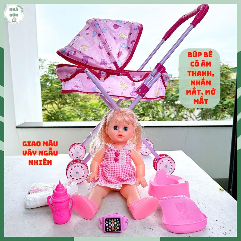 Đồ Chơi Xe Đẩy Em Bé Cỡ Đại Có Âm Thanh, Nhắm Mắt Mở Mắt Và Các Phụ Kiện Bỉm, Bình Sữa, Bô Tè, Em Bé Biết Khóc, Nói, Cười, Biết Đi Vệ Sinh C48