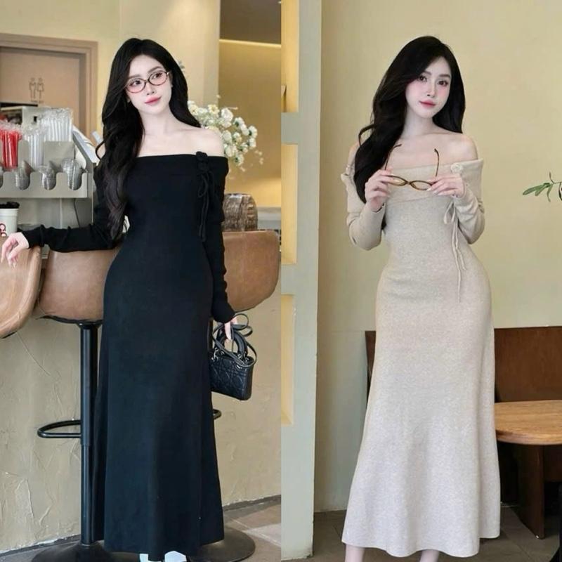 Đầm body dáng suông trễ vai tay dài đín nơ xéo nhẹ nhàng thanh lịch - M81