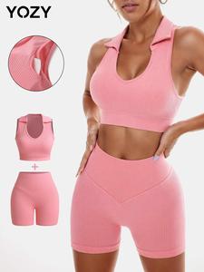 YOZY Two-piece Set Women's Solid Notched Neck Crop Tank Top & High Waist Ribbed Shorts Set, Sporty Casual Sleeveless Top & Skinny Shorts, Ladies Two-piece Outfits for Workout Running