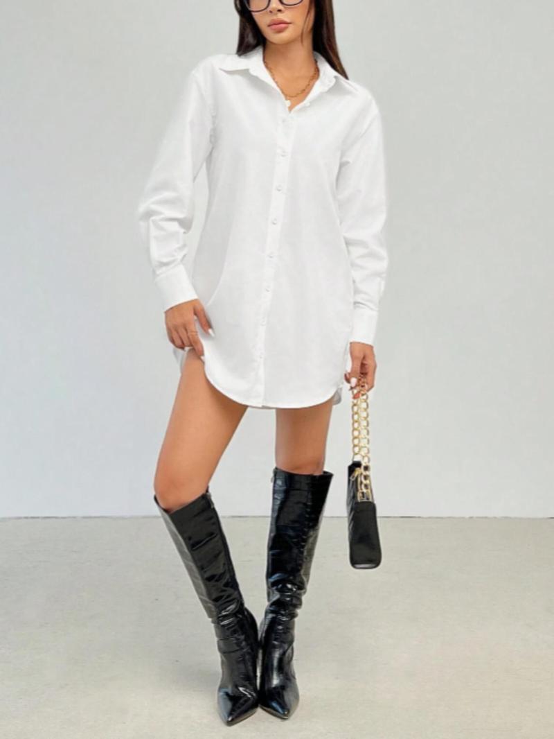 Product Introduction of Women's Plain Collared Button Shirt, Casual Long Sleeve Top for Spring & Fall, Women's Clothing for Daily Wear 4
