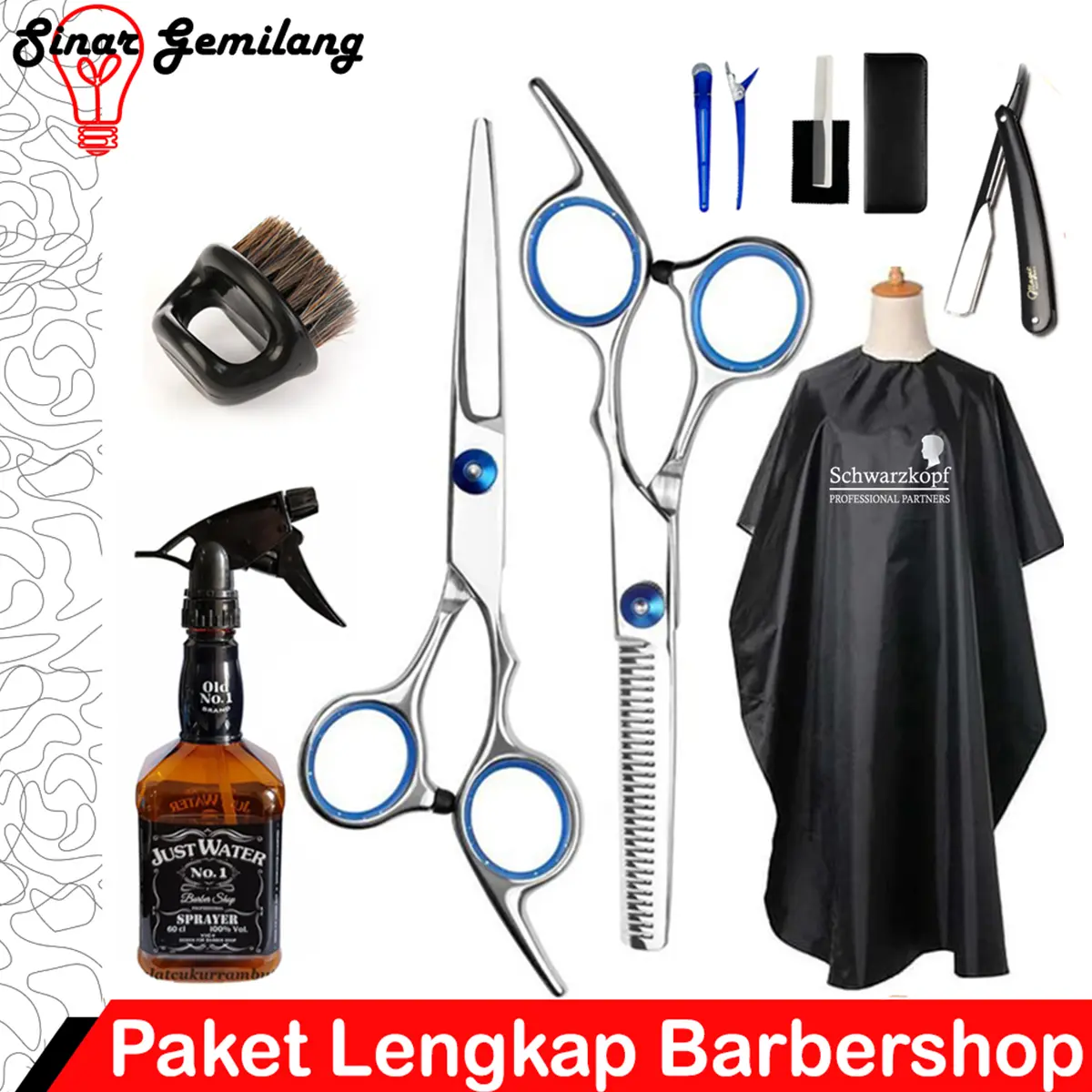 Paket Lengkap Alat Cukur Rambut Barbershop , Gunting Sasak, Gunting Lurus, Jepitan, Sisir, Minyak, Botol Spray, Kain cape, Fade Brush Barbershop
