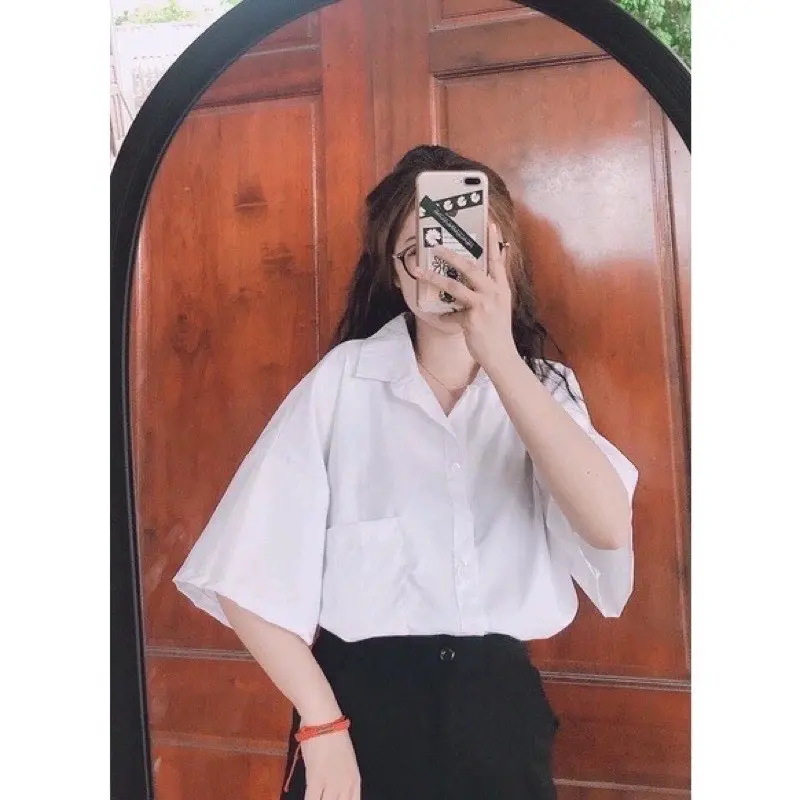 Áo sơ mi trắng tay ngắn form rộng có túi[vải mềm] Nữ Women Top Shirt Ong Voi 3