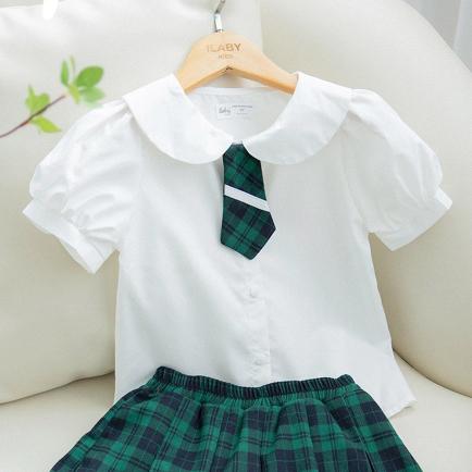 Áo sơ mi đi học bé gái ILABY cổ sen chất liệu thô cotton thoáng mát cho bé 10-35kg không kèm cà vạt [1899]