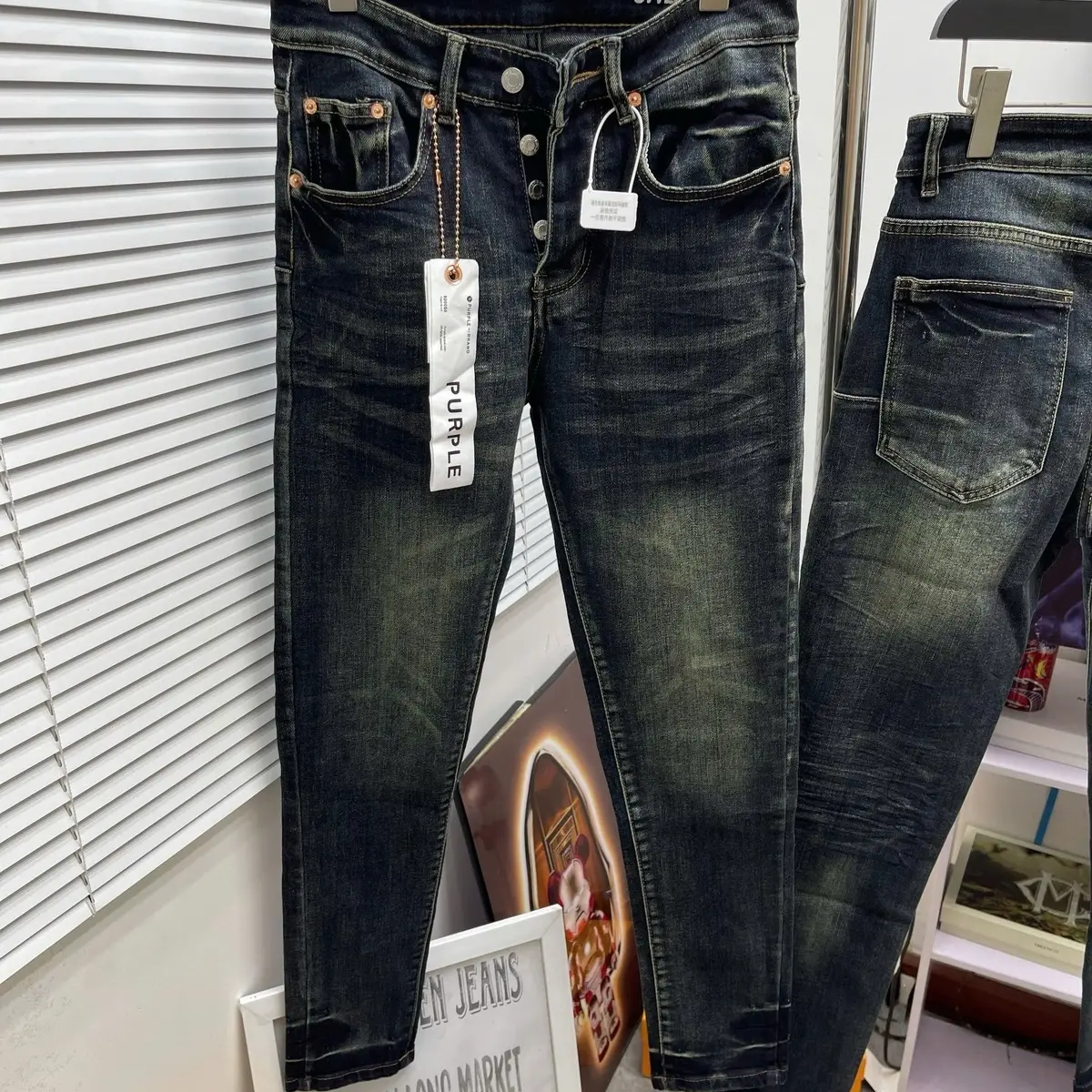 Quần jean bò nam Purple skinny wash xanh trơn ống bó chân dập nhăn loang 3D ống 4 cúc boy phố
