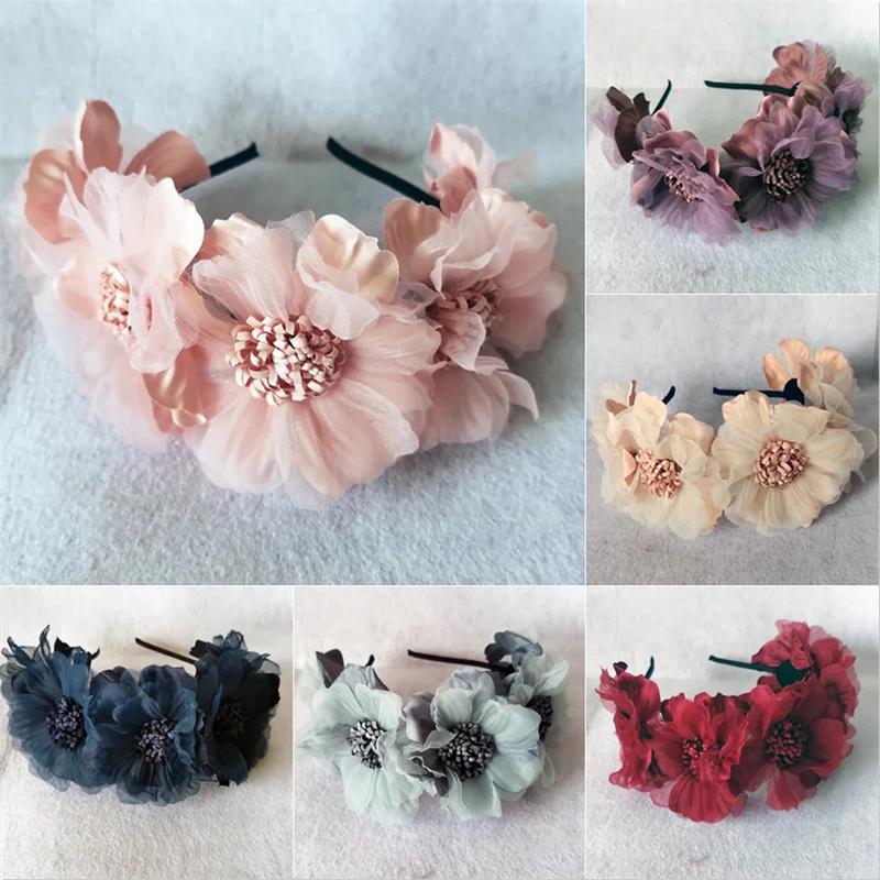 Product Introduction of New Solid Color Simulation Garland Bride Wedding Headwear Mesh Flower Headband Girls Headband Performance Hair Accessories 2