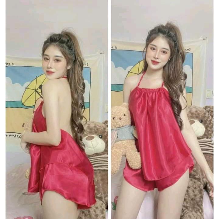 Bộ Ngủ Áo Yếm Trơn Chất Phi Lụa Mềm Mịn Quần Đùi From 55kg Nữ Women