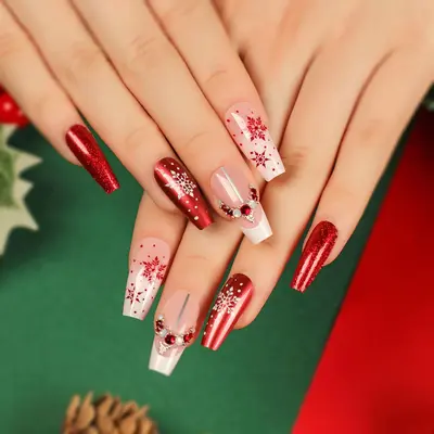 Red Christmas Nails/Swarovski/Snowflakes/Winter/Reusable/Press On Nails/Gel outlet X Apres/Fake Nails/False Nails/Long Coffin/Handmade