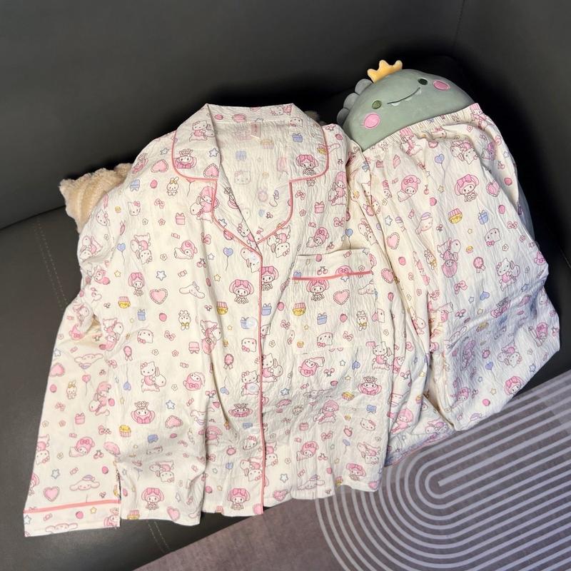 Bộ ngủ Dài tay đũi mây mềm mỏng nhẹ dễ thương pijama nữ mặc nhà cổ vest bopy