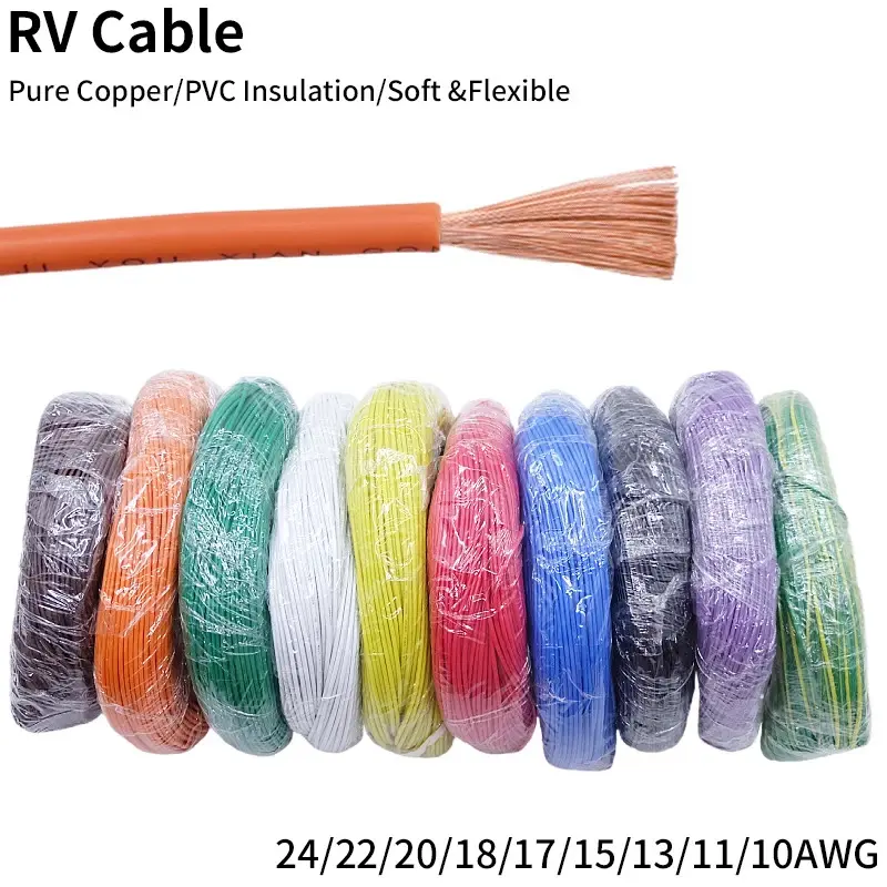 Cáp linh hoạt, RV Dây đồng, Cáp điện PVC, 300 / 500V, 22AWG, 20AWG, 18AWG, 17AWG, 15AWG, 13AWG, 11AWG, Dây linh hoạt nhiều sợi một lõi, Thích hợp cho dây âm thanh ô tô 0