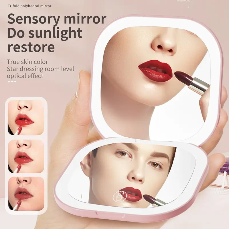Double-sided LED Light Makeup Mirror, Portable Foldable Handheld Makeup Mirror with Touch Switch, 3-speed Brightness Adjustment Handheld LED Fill Mirror, White 5