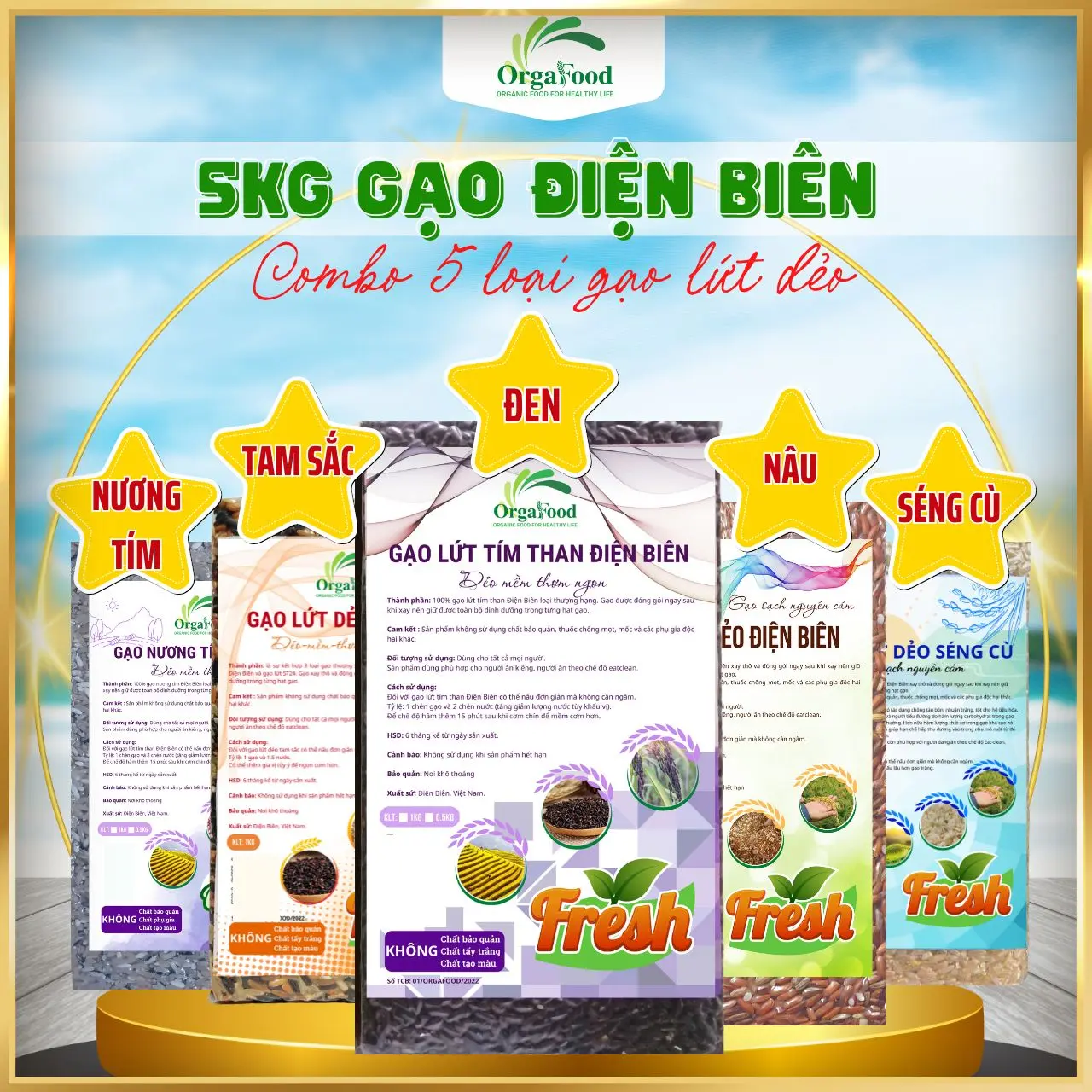 Combo 5 loại gạo lứt dẻo Điện Biên, Gạo lứt tím than (đen), gạo nâu dẻo, tam sắc, séng cù, nương tím, không cần ngâm