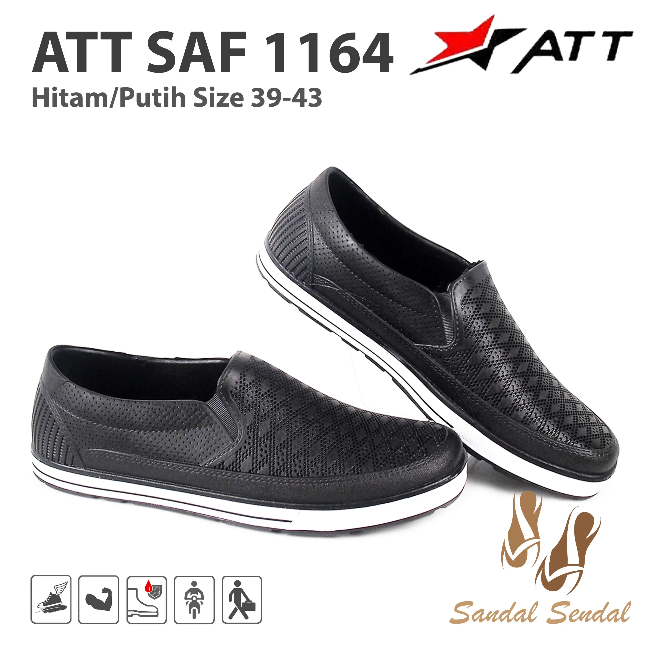 Sepatu Pantofel Karet Pria ATT SANKYO 1164 Hitam Putih Flat Shoes  Kerja Nyaman Fleksibel Lokal Lentur