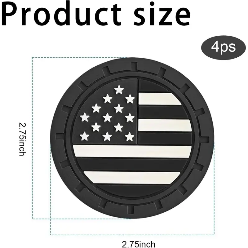 4 PCS Car Cup Holder Coasters, American Flag Anti-Slip Shock-Proof Pad, 2.75In Waterproof Creative Embedded Drink Mat, Universal for Most Cars (Black) 1