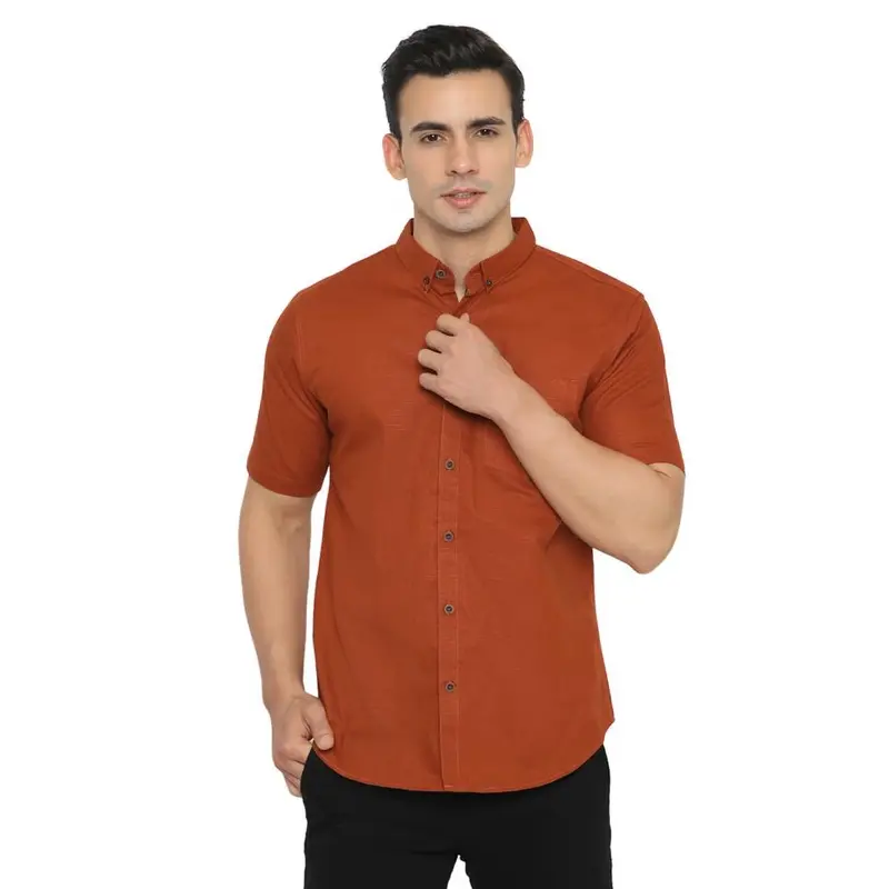 Helten Kemeja Kasual Pria Warna Merahbata Teracota Lengan Pendek Comfort Slim Katun Tekstur Distro Casual Slimfit Baju 0