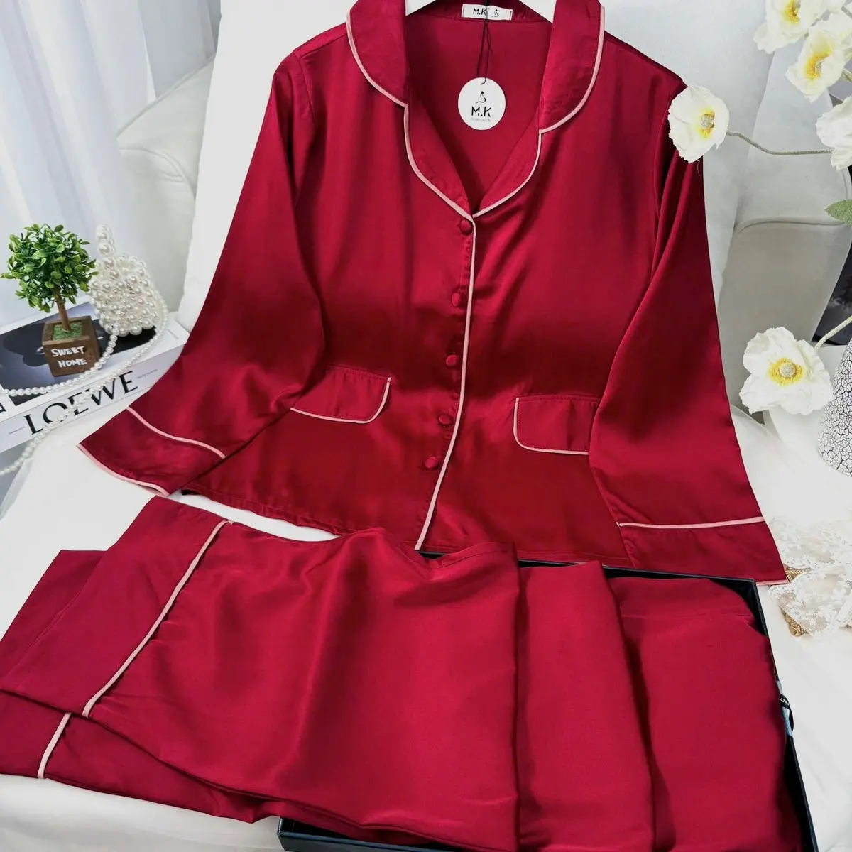 Set Bộ Pjzama (Freesize 65kg) Lụa Latin Áo Tay Dài Nắp Túi Giả, Quần Dài  95cm óng rộng Nữ.