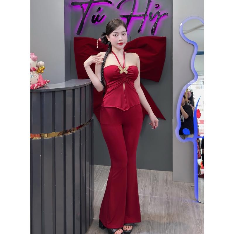F63 SET ÁO CÚP ỐNG DÂY RÚT CỘT CỔ TAG BƯỚM ,QUẦN ỐNG LOE Nữ