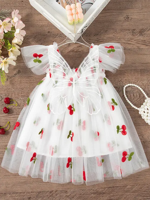 Baby Girl's Floral Embroidery Tulle Dress, Cute Butterfly Sleeve Dress for Party, Infant Toddler Kids Summer Clothes 7