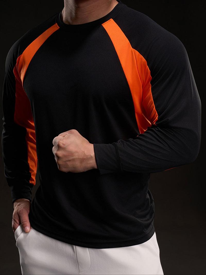 Product Introduction of Men's Colorblock Long Sleeve Ice Silk Tee, Regular Fit Casual Round Neck Quick Drying T-shirt for Daily Wear, Men's Top for All Seasons 7