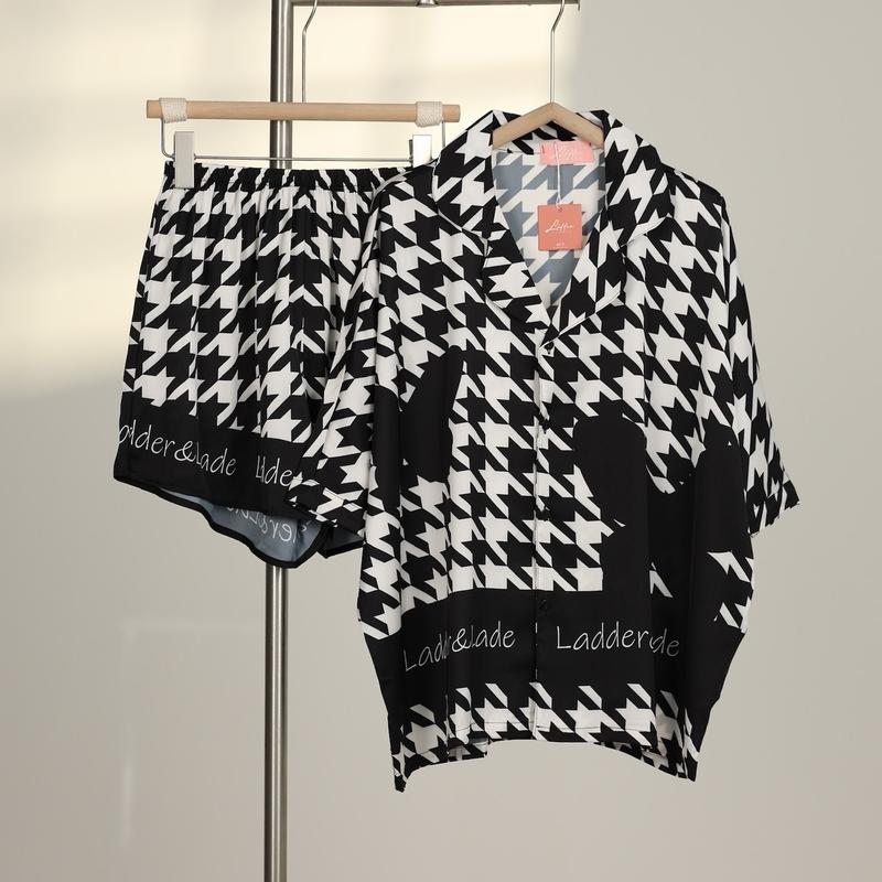 Bộ pijama (không túi ) đùi cánh dơi dích dắc đen trắng nơ đen Ladder   ( bộ ngủ ladder)   bộ ngủ Ládder - pyjama women