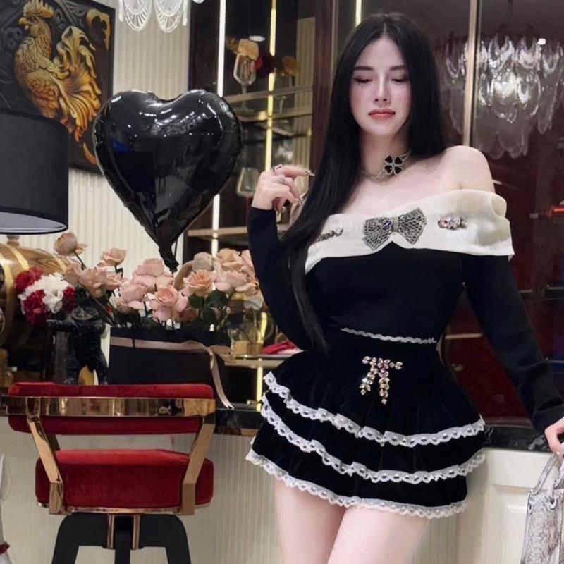 Set váy áo 2 chi tiết ( áo trễ vai phối màu đính đá + chân váy nhung tầng dáng xoè ) Nữ NQS13