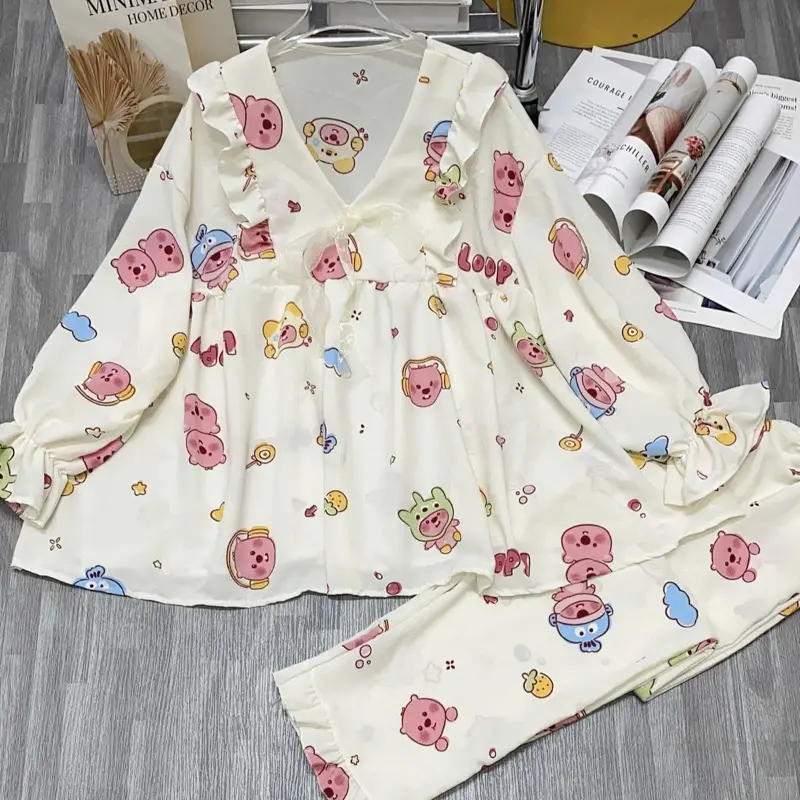Đồ bộ mặc nhà Pijama dáng babydoll FORM RỘNG hoạ tiết dễ thương tay dài quần dài chất đũi xốp mềm mịn cho nữ từ 45-65kg set bongu ngủ
