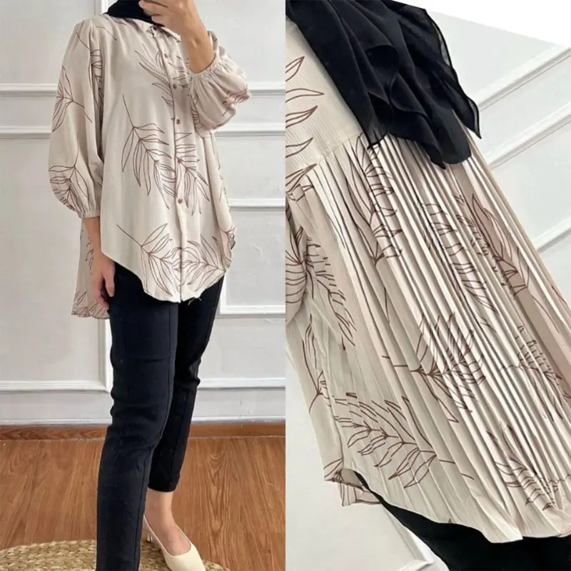 MAY - Munna Blouse Plisket Motif | Atasan Kemeja Motif Wanita Terbaru | Blouse Wanita Jumbo Baju Panjang 0