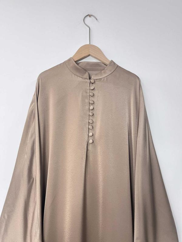 Arabic Clothing-Solid Button Front Batwing Sleeve Kaftan, Modest Mock Neck Long Sleeve Maxi Dress for Women, Women's Islamic Clothing for Spring, Modest Muslim Clothes 5