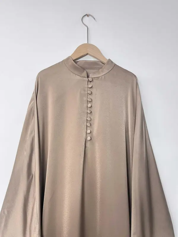 Arabic Clothing-Solid Button Front Batwing Sleeve Kaftan, Modest Mock Neck Long Sleeve Maxi Dress for Women, Women's Islamic Clothing for Spring, Modest Muslim Clothes 5