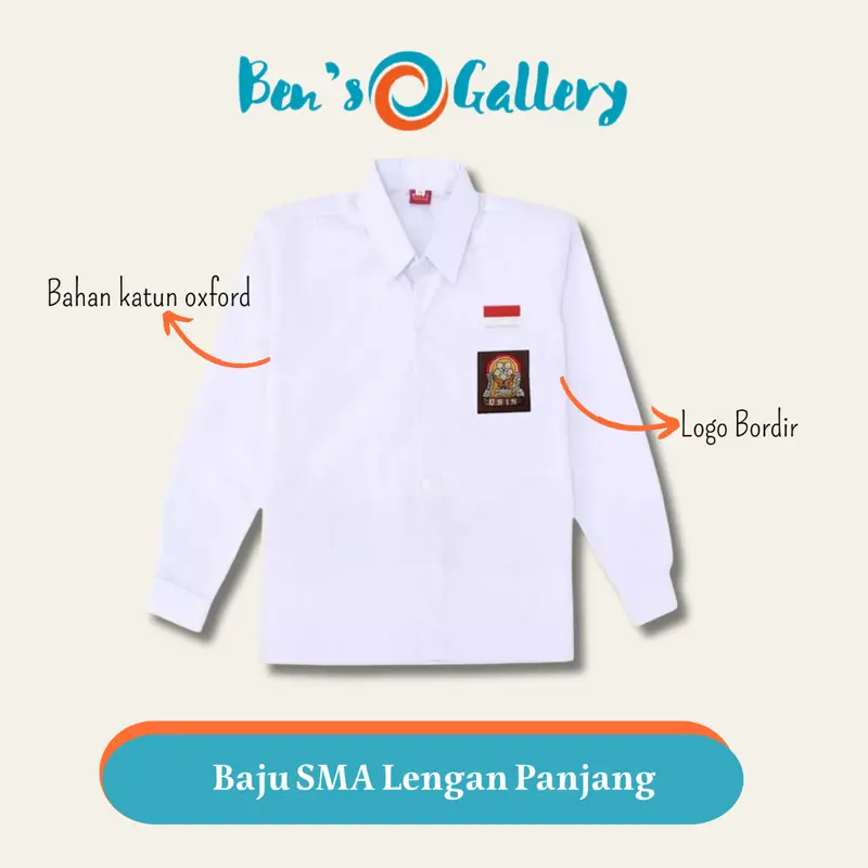 Baju Seragam Sekolah OSIS Putih SMP SMA Lengan Panjang Anak Laki Laki Perempuan Wanita, Fashion Bordir 2