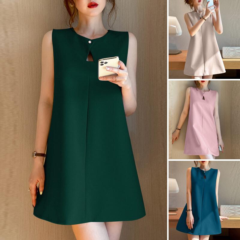 Váy Ngắn Chữ A, VONDA, Dành Cho Nữ, Màu Trơn Không Tay, Thiết Kế Cắt Xẻ Thanh Lịch, Thích Hợp Mặc Công Sở, Cổ Thuyền Đầm Xòe 3