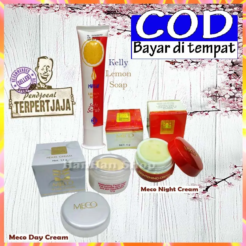 Paket Cream Wajah Glowing Meco Pearl Cream 12gr Meco Lightening Cream 4gr Kelly Lemon Soft Scrub 75gr Wajah Glowing Whitening memutihkan Wajah Menyamarkan Flek membersihkan bekas jerawat penghilang jerawat Melembabkan Wajah