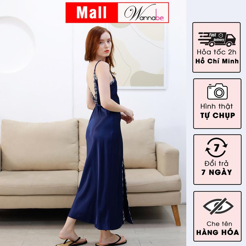 Đầm ngủ WANNABE váy ngủ lụa mịn mềm mát dáng dài sang trọng tôn vinh đôi chân dài bất tận Nữ Women Dress Kem DNS58