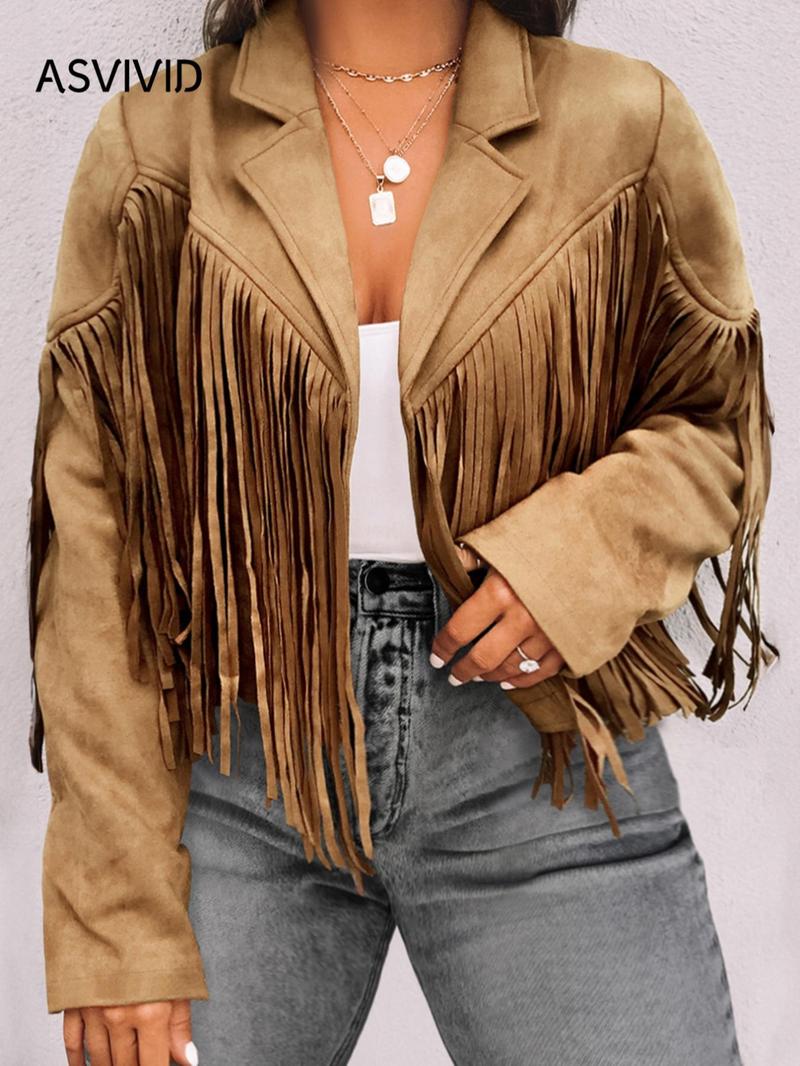 Product Introduction of 【Plus Size】 Fringe Trim Lapel Collar Jacket, Casual Long Sleeve Open Front Outerwear for Spring & Fall, Women's Clothes for Daily Wear 6