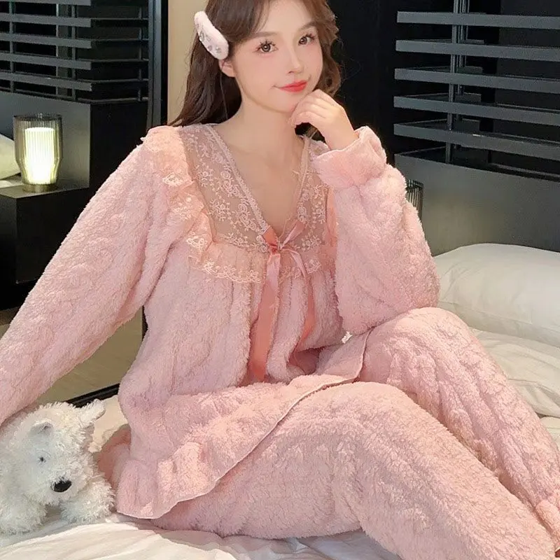Đồ Ngủ, Dành Cho Phụ Nữ, Mùa Thu Và Mùa Đông, Jacquard Nhung, Lót Lông Cừu, Dày Dặn, Phong Cách Công Chúa, Ren, Đồ Mặc Nhà Nữ Mùa Đông, Hàng Mới Về 1