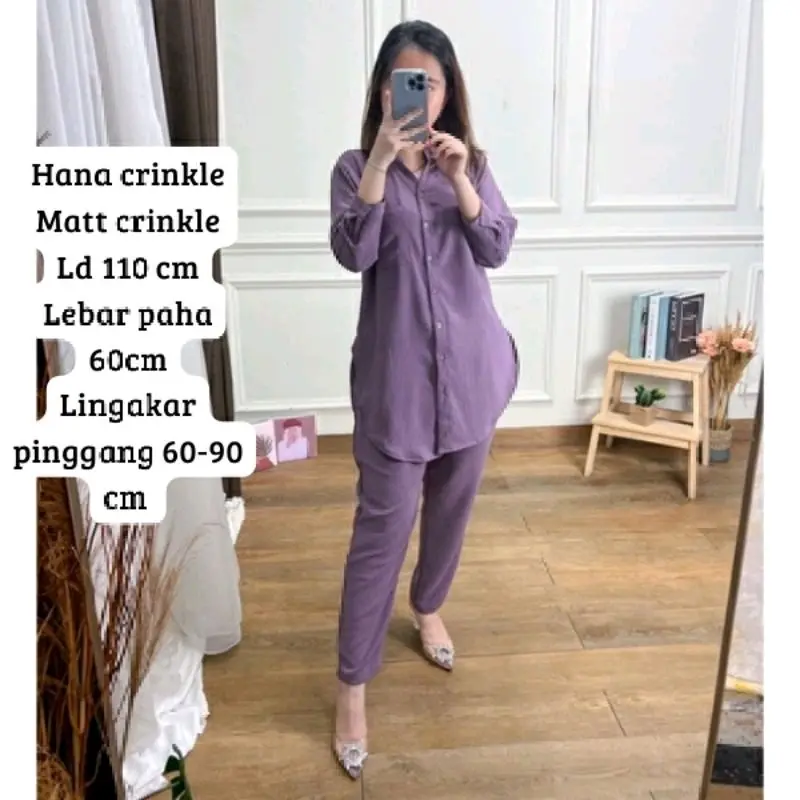 Hana Set Crincle Airflow Premium Wanita Celana Crinkle  Setelan Baju Kancing Panjang Kulot Dewasa 7