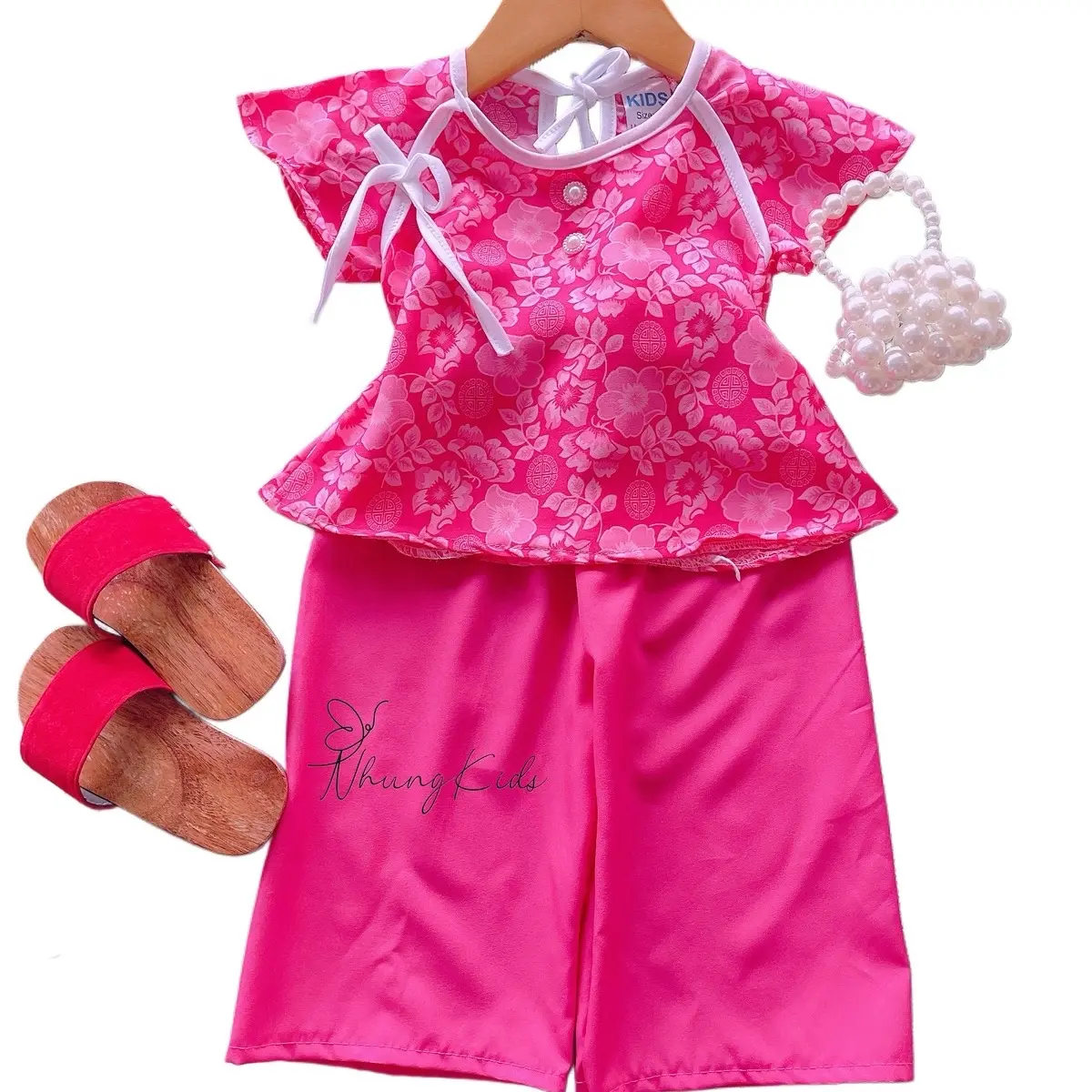 (8kg-13kg)Bộ lụa áo mango đính nơ, quần lụa cho bé dưới 3 tuổi
