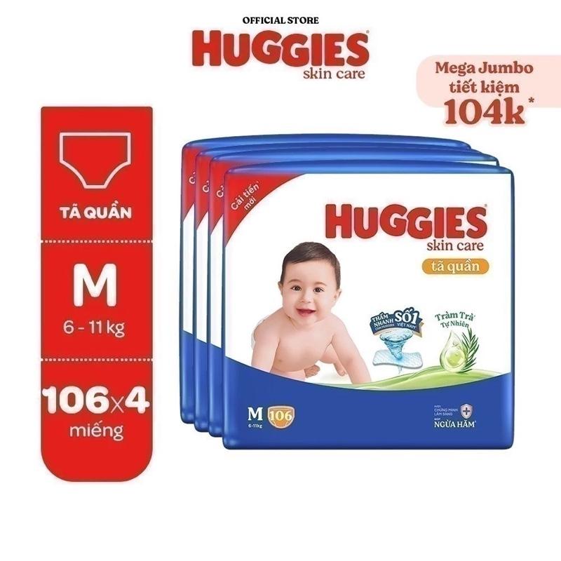 ￼[4S] Combo 4 Tã/bỉm quần Huggies Skin Care Mega Jumbo M106/L96+8/ XL84+4/XXL76+4 với tràm trà dịu da