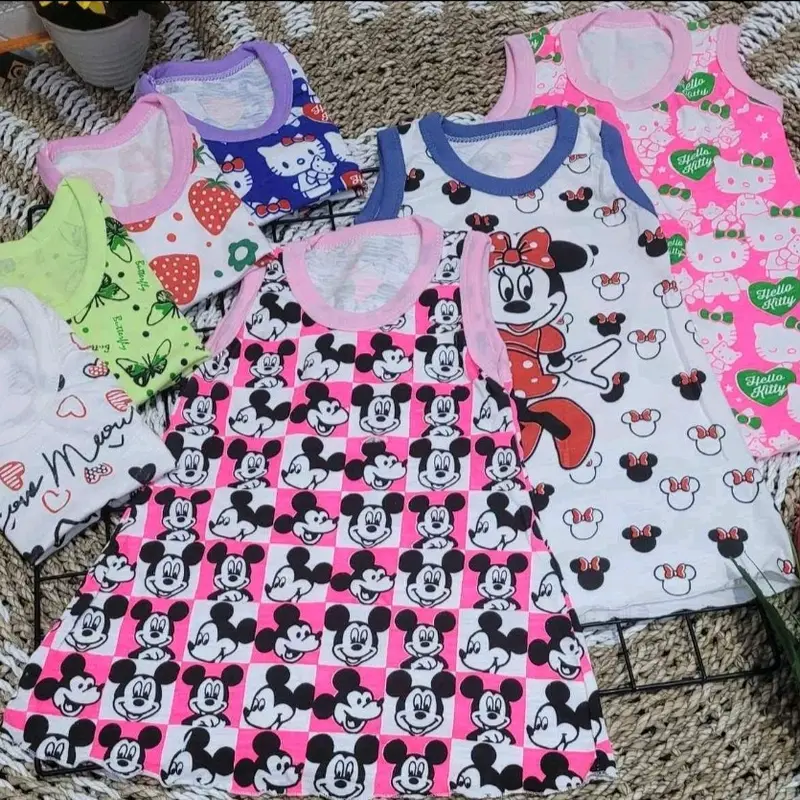 2 pcs Daster Anak Bayi Perempuan Baju Tidur Balita Cewek Kaos Kutung Usia 6 Bulan Sampai 3 Tahun Motif Kekinian Lucu Karakter Warna Warni Lengan Pendek Model Singlet Bahan Kaos Tebal Kain Melar Jahitan Full Obras Leher Kerah U Neck Panjang Dress Selutut 4