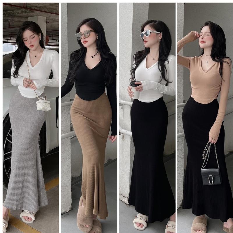 Set áo cổ v kèm chân váy dài đuôi cá chất thun gân co giãn thích hợp mặc đi tiệc đi làm đi chơi