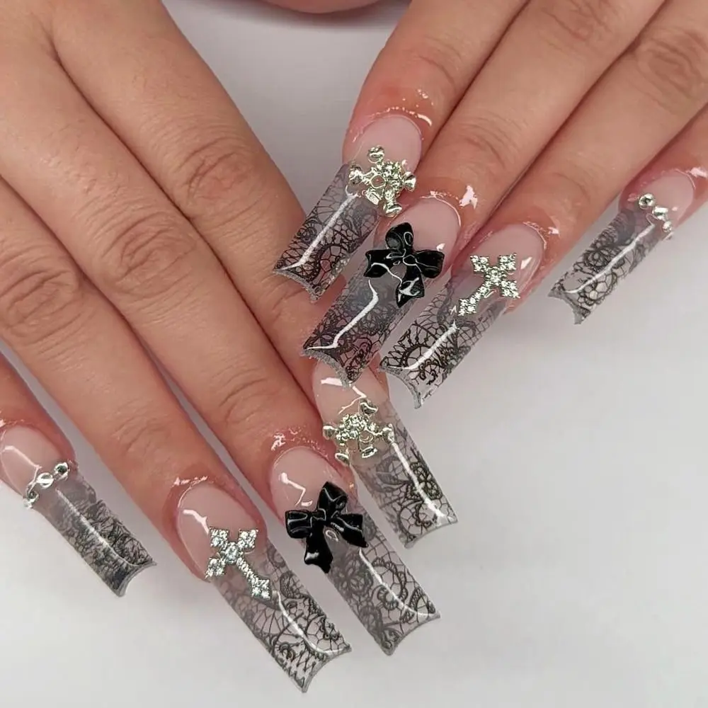 New Super Long False Nails Water Pipe French Fake Nails Full Cover Shining Press on Nails Women Girls