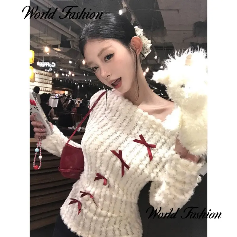 Áo Dệt Kim, Thời Trang, Trễ Vai, Trắng, Dài Tay, Dành Cho Nữ, Dáng Ôm, Áo Len Áo Chui Đầu, Thích Hợp Cho Mùa Thu, 20240924, Ties Nơ Voi Women
