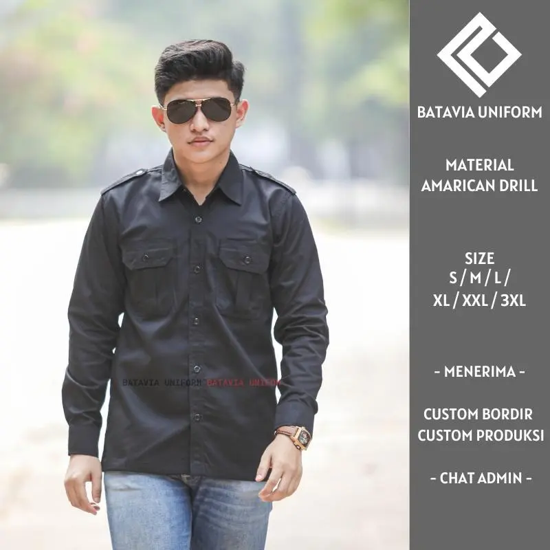 Kemeja PDL Lengan Panjang by Batavia Uniform - Kemeja Kerja Lapangan Tactical Lengan Panjang Pria Wanita Warna Hitam Bahan American Drill Bisa Custom Bordir Satuan dan Custom Design Basic Merah  Casual Atasan Navy Army kemeja  unisex 0
