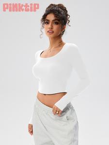 PinkTip Women's Solid Dress Scoop Neck Crop Sports Tee, Sporty Long Sleeve T-Shirt for Outdoor Running Cycling Hiking Walking, New Year Christmas Gift, Ladies Sportswear for All Seasons, Tops for Valentine's Day, Workout Tops, Gym Clothing